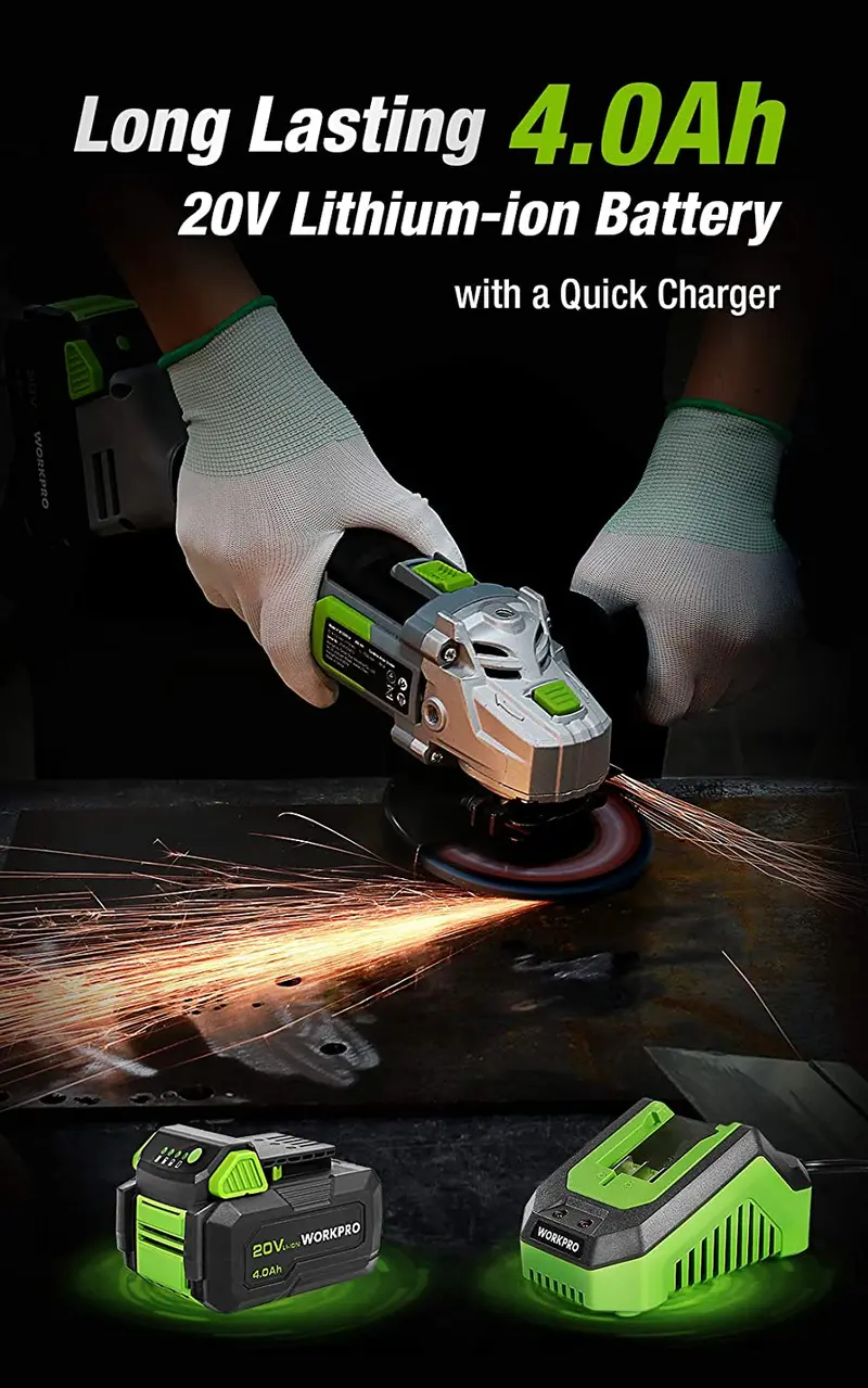 WORKPRO Akku-Winkelschleifer 20 V, 115 mm, leichter Winkelschleifer mit 4,0-Ah-Lithium-Ionen-Akku und Schnellladegerät 2