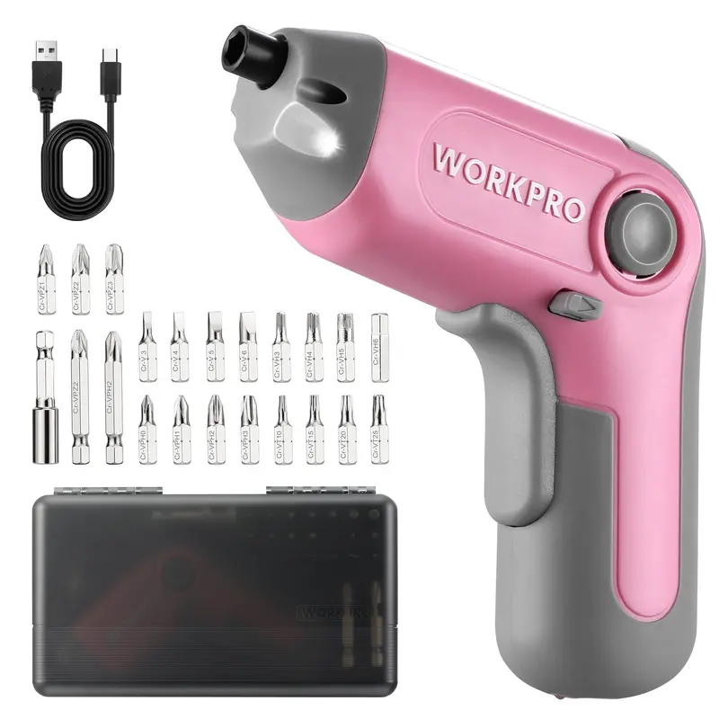 WORKPRO Akkuschrauber, 3,6 V, kabellos und wiederaufladbar, mit versetztem Antriebswellen-Design, 22 Bits – Rosa Schleife