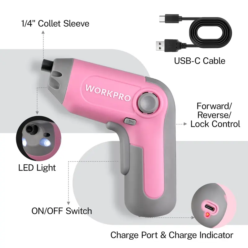 WORKPRO Akkuschrauber, 3,6 V, kabellos und wiederaufladbar, mit versetztem Antriebswellen-Design, 22 Bits – Rosa Schleife