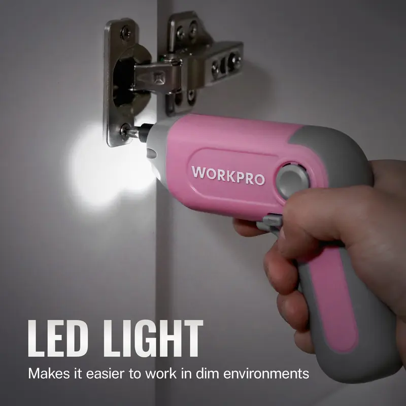 WORKPRO Akkuschrauber, 3,6 V, kabellos und wiederaufladbar, mit versetztem Antriebswellen-Design, 22 Bits – Rosa Schleife