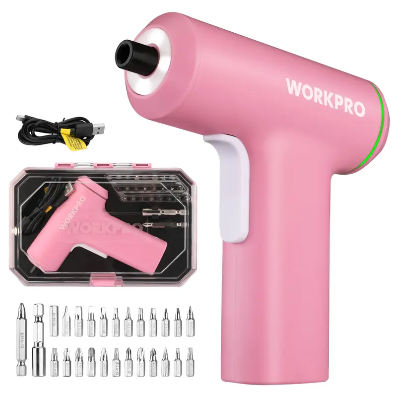 WORKPRO Akkuschrauber, kabellos, 4 V, USB-wiederaufladbar, Lithium-Ionen-Akku – Pinkes Band