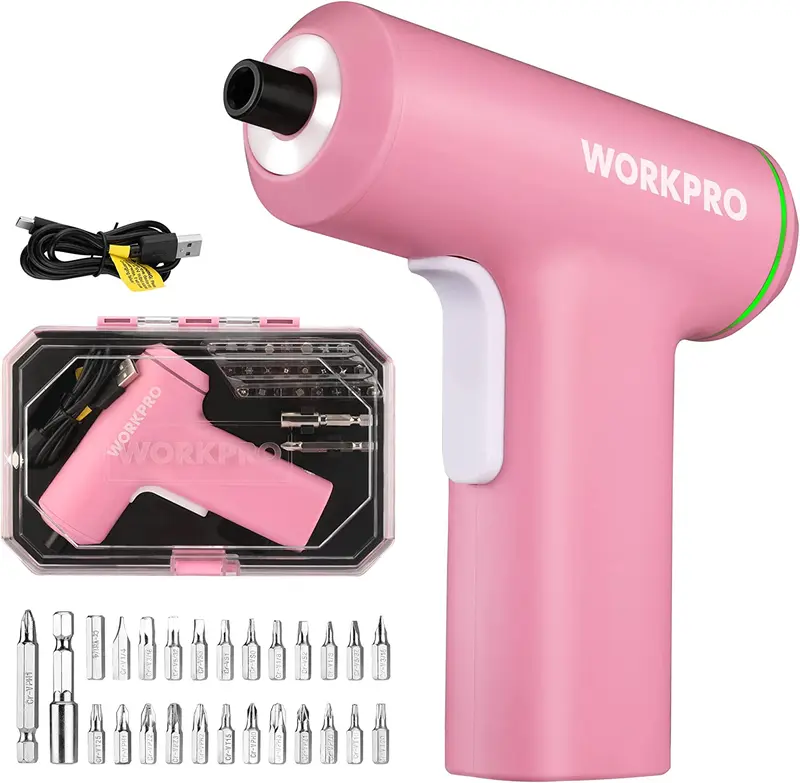 WORKPRO Akkuschrauber, kabellos, 4 V, USB-wiederaufladbar, Lithium-Ionen-Akku – Pinkes Band 2