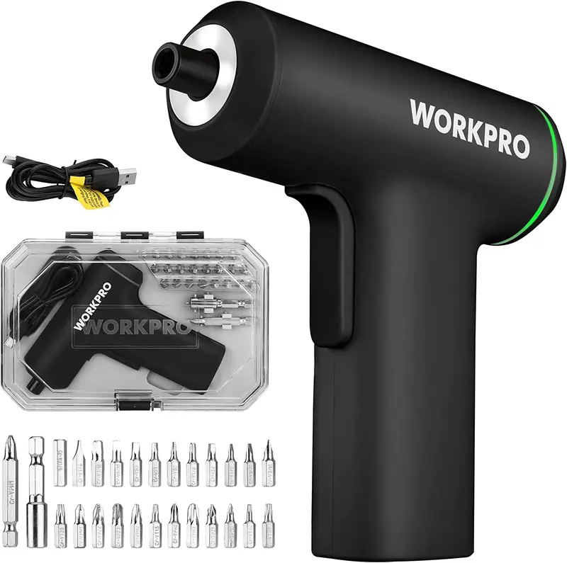 WORKPRO Akkuschrauber, kabellos, 4 V, USB-wiederaufladbar, Lithium-Ionen-Akku – Pinkes Band