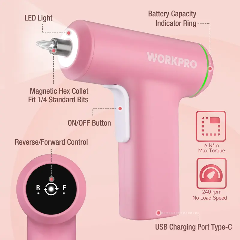 WORKPRO Akkuschrauber, kabellos, 4 V, USB-wiederaufladbar, Lithium-Ionen-Akku – Pinkes Band