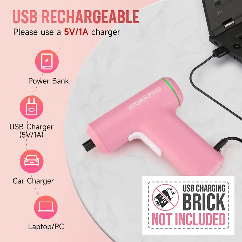 WORKPRO Akkuschrauber, kabellos, 4 V, USB-wiederaufladbar, Lithium-Ionen-Akku – Pinkes Band