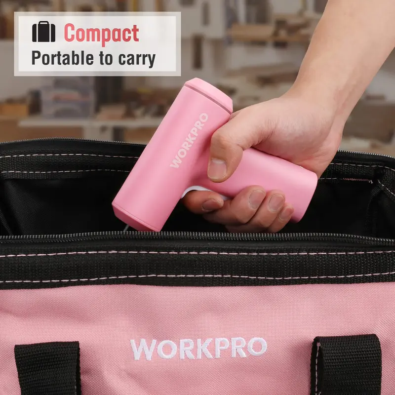WORKPRO Akkuschrauber, kabellos, 4 V, USB-wiederaufladbar, Lithium-Ionen-Akku – Pinkes Band