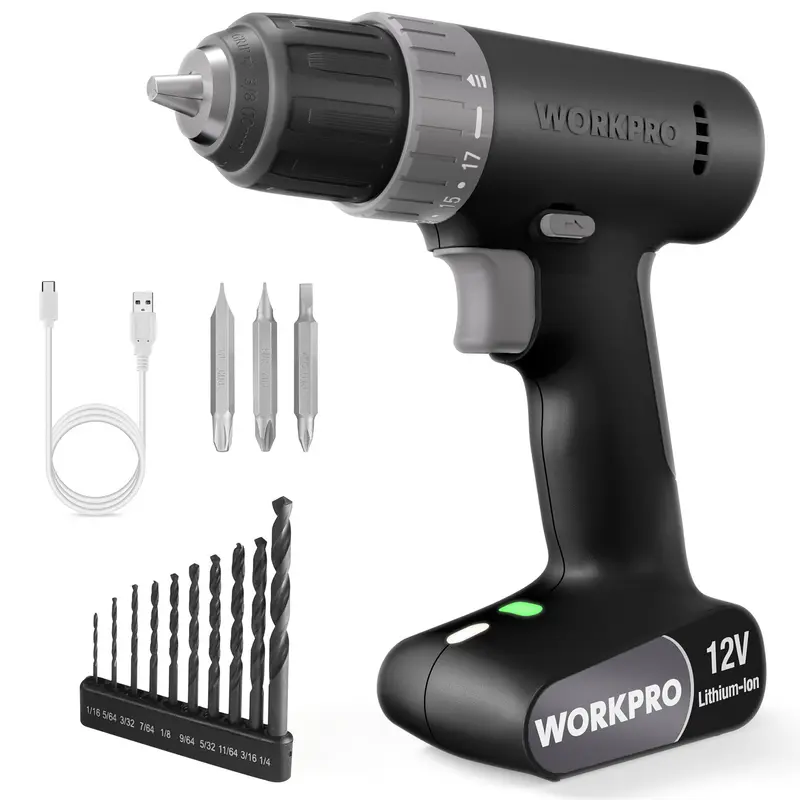 WORKPRO Akkuschrauber-Set 12 V, inkl. Bohrerbit-Satz, schnurlos, 3/8" schnellspannende Spannfutter, 2-Gang-Stufen, USB-C-Ladekabel, integrierte LED-Leuchte, kompakt – ideal für Heimwerker und DIY-Projekte