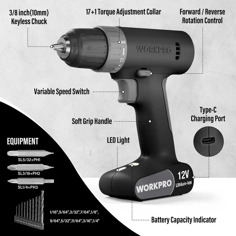 WORKPRO Akkuschrauber-Set 12 V, inkl. Bohrerbit-Satz, schnurlos, 3/8" schnellspannende Spannfutter, 2-Gang-Stufen, USB-C-Ladekabel, integrierte LED-Leuchte, kompakt – ideal für Heimwerker und DIY-Projekte 2