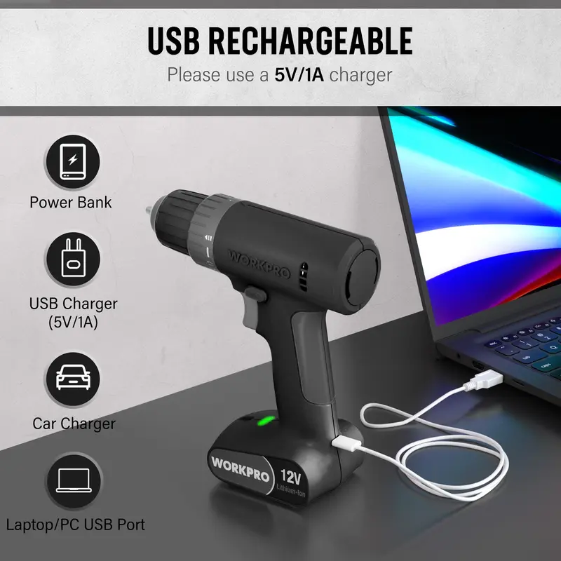 WORKPRO Akkuschrauber-Set 12 V, inkl. Bohrerbit-Satz, schnurlos, 3/8" schnellspannende Spannfutter, 2-Gang-Stufen, USB-C-Ladekabel, integrierte LED-Leuchte, kompakt – ideal für Heimwerker und DIY-Projekte