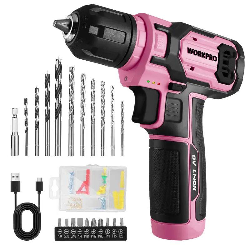 WORKPRO Akkuschrauber-Set 8 V mit 53-teiligem Bit-Set, elektrischer Bohrschrauber mit 2,0-Ah-Akku und schnellschaltbarem 3/8"-Spannfutter – Pink Ribbon