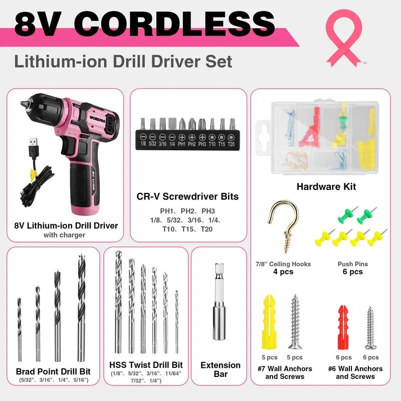 WORKPRO Akkuschrauber-Set 8 V mit 53-teiligem Bit-Set, elektrischer Bohrschrauber mit 2,0-Ah-Akku und schnellschaltbarem 3/8"-Spannfutter – Pink Ribbon 2