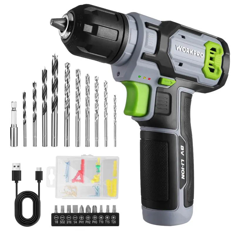 WORKPRO Akkuschrauber-Set 8 V mit 53-teiligem Bit-Set, elektrischer Bohrschrauber mit 2,0-Ah-Akku und schnellschaltbarem 3/8"-Spannfutter – Pink Ribbon