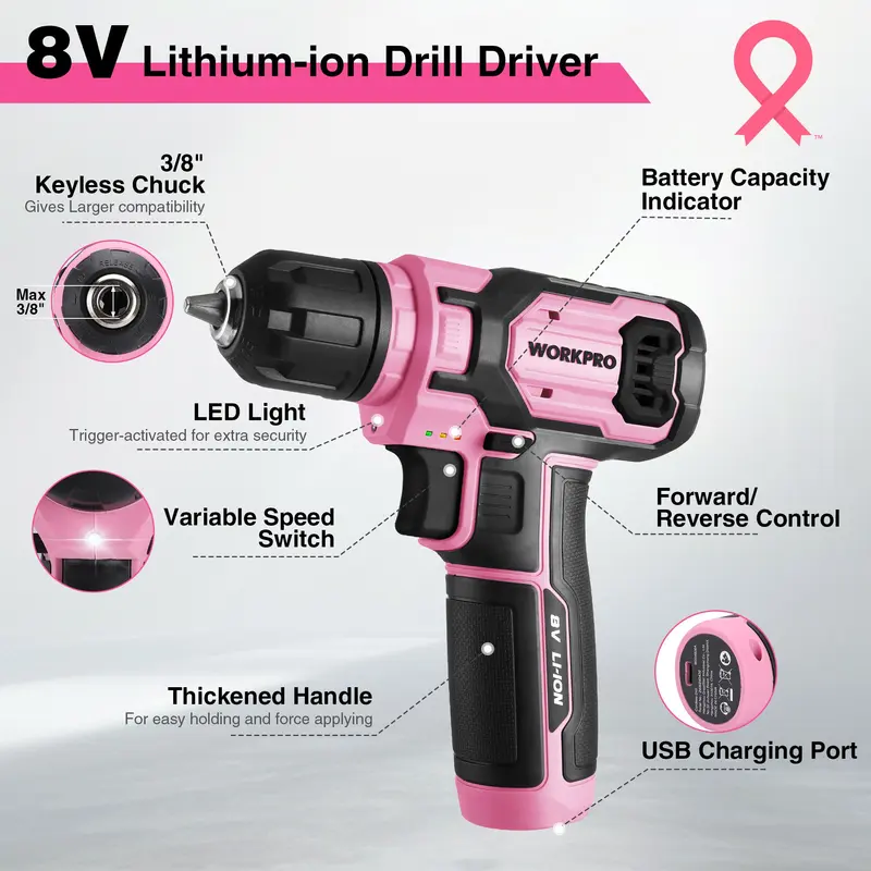 WORKPRO Akkuschrauber-Set 8 V mit 53-teiligem Bit-Set, elektrischer Bohrschrauber mit 2,0-Ah-Akku und schnellschaltbarem 3/8"-Spannfutter – Pink Ribbon