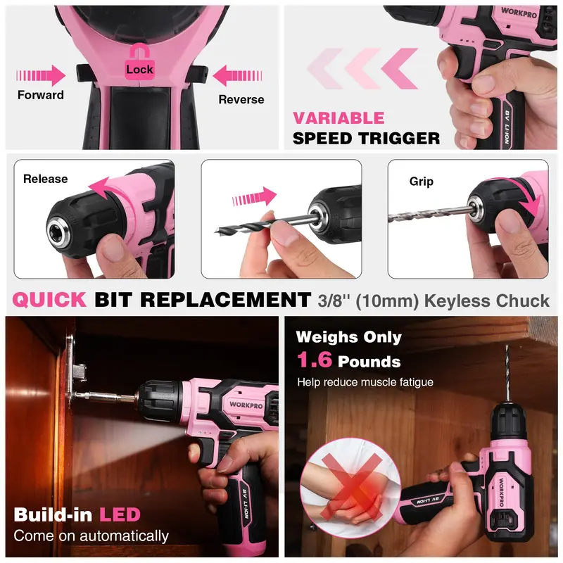 WORKPRO Akkuschrauber-Set 8 V mit 53-teiligem Bit-Set, elektrischer Bohrschrauber mit 2,0-Ah-Akku und schnellschaltbarem 3/8"-Spannfutter – Pink Ribbon