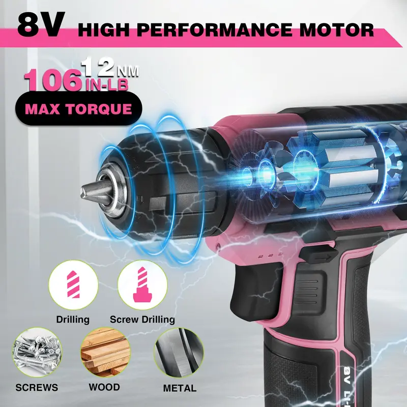 WORKPRO Akkuschrauber-Set 8 V mit 53-teiligem Bit-Set, elektrischer Bohrschrauber mit 2,0-Ah-Akku und schnellschaltbarem 3/8"-Spannfutter – Pink Ribbon