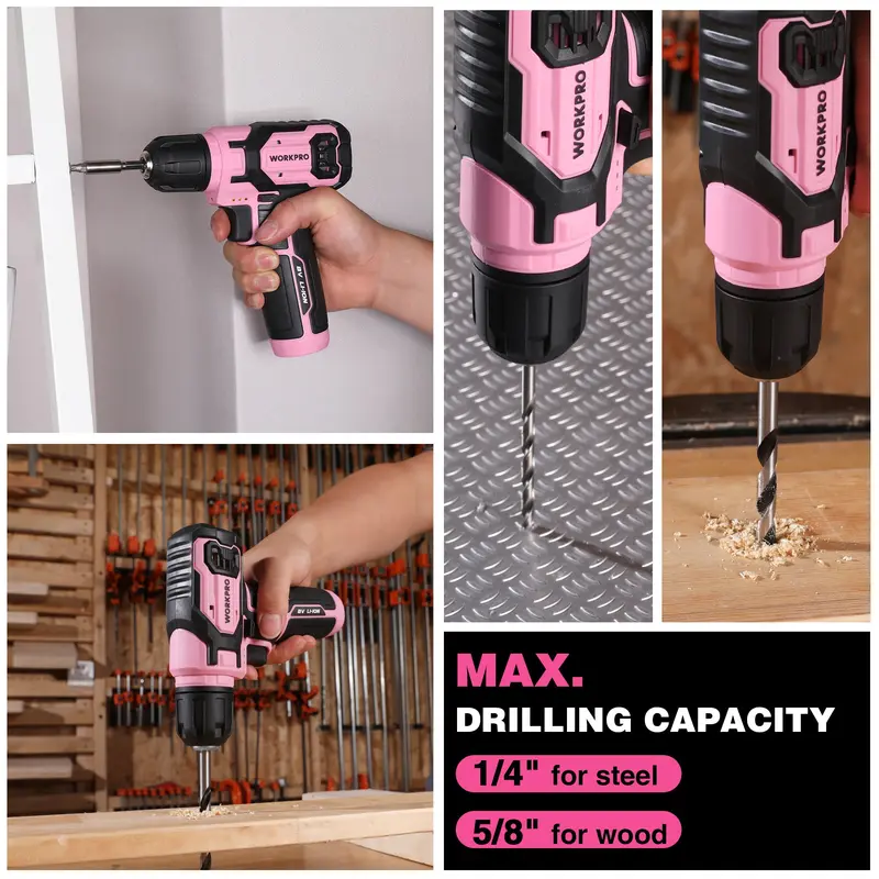 WORKPRO Akkuschrauber-Set 8 V mit 53-teiligem Bit-Set, elektrischer Bohrschrauber mit 2,0-Ah-Akku und schnellschaltbarem 3/8"-Spannfutter – Pink Ribbon