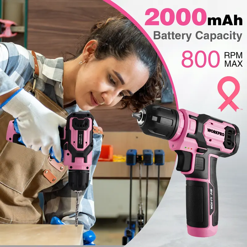 WORKPRO Akkuschrauber-Set 8 V mit 53-teiligem Bit-Set, elektrischer Bohrschrauber mit 2,0-Ah-Akku und schnellschaltbarem 3/8"-Spannfutter – Pink Ribbon