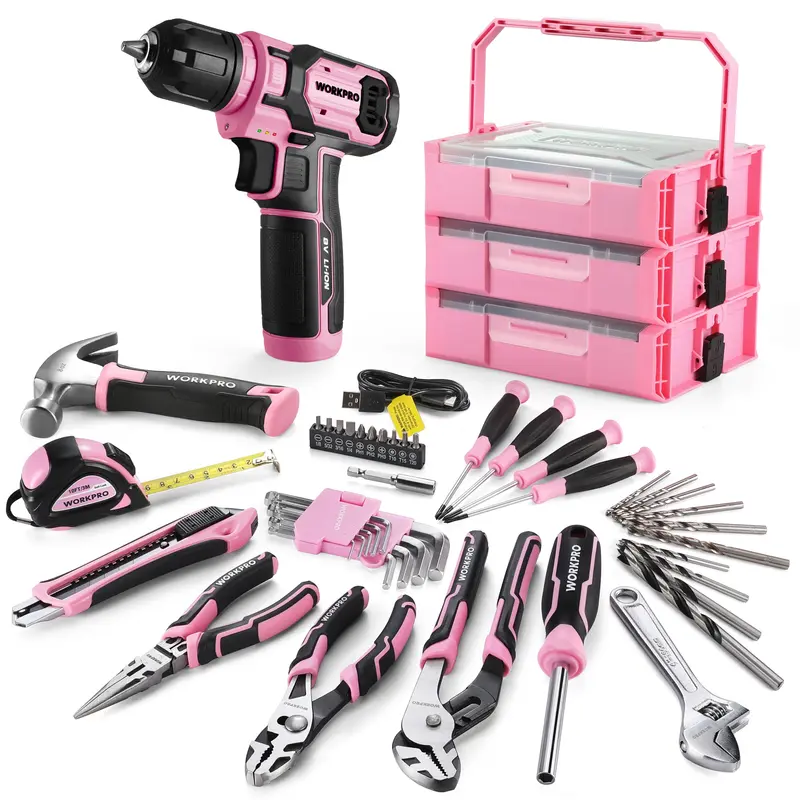 WORKPRO Akkuschrauber-Set mit 43 Teilen, 8 V, für zu Hause – stapelbare Werkzeugbox im Pink-Ribbon-Design