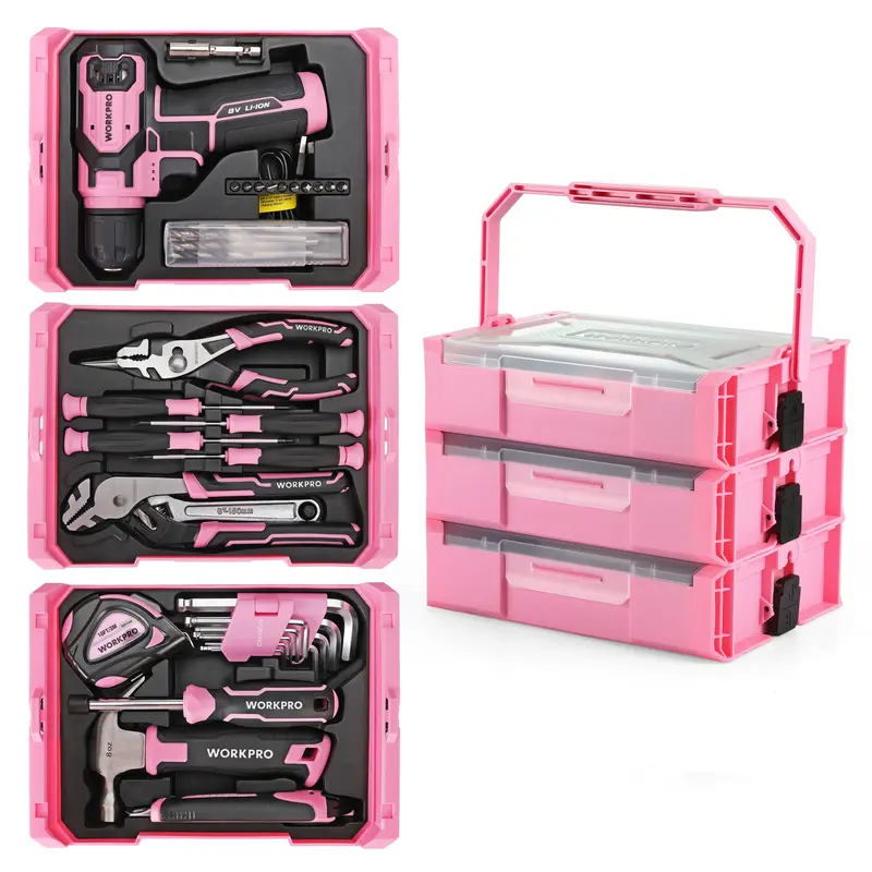WORKPRO Akkuschrauber-Set mit 43 Teilen, 8 V, für zu Hause – stapelbare Werkzeugbox im Pink-Ribbon-Design 2