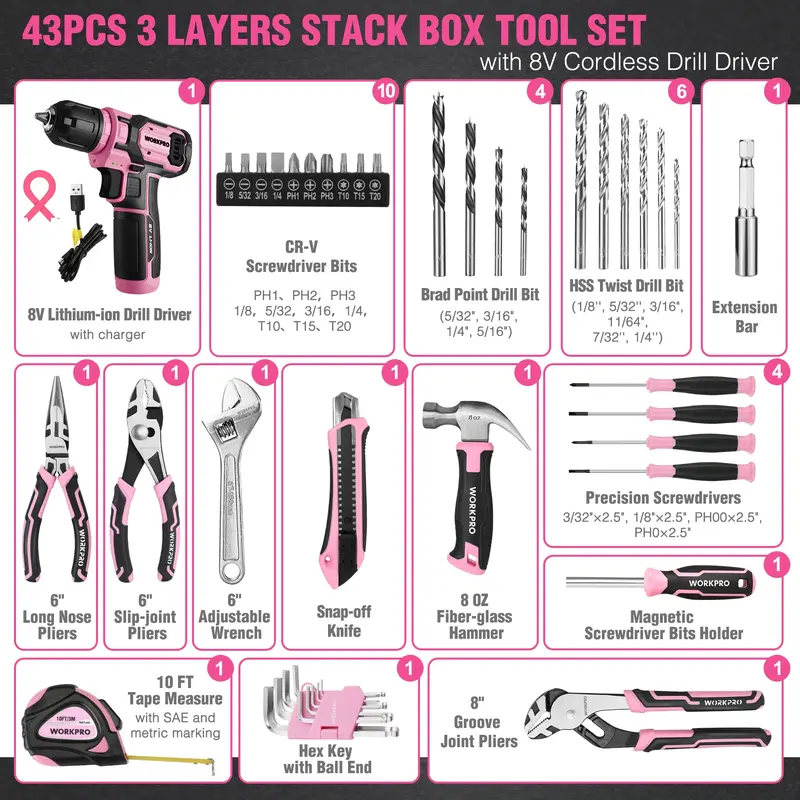 WORKPRO Akkuschrauber-Set mit 43 Teilen, 8 V, für zu Hause – stapelbare Werkzeugbox im Pink-Ribbon-Design