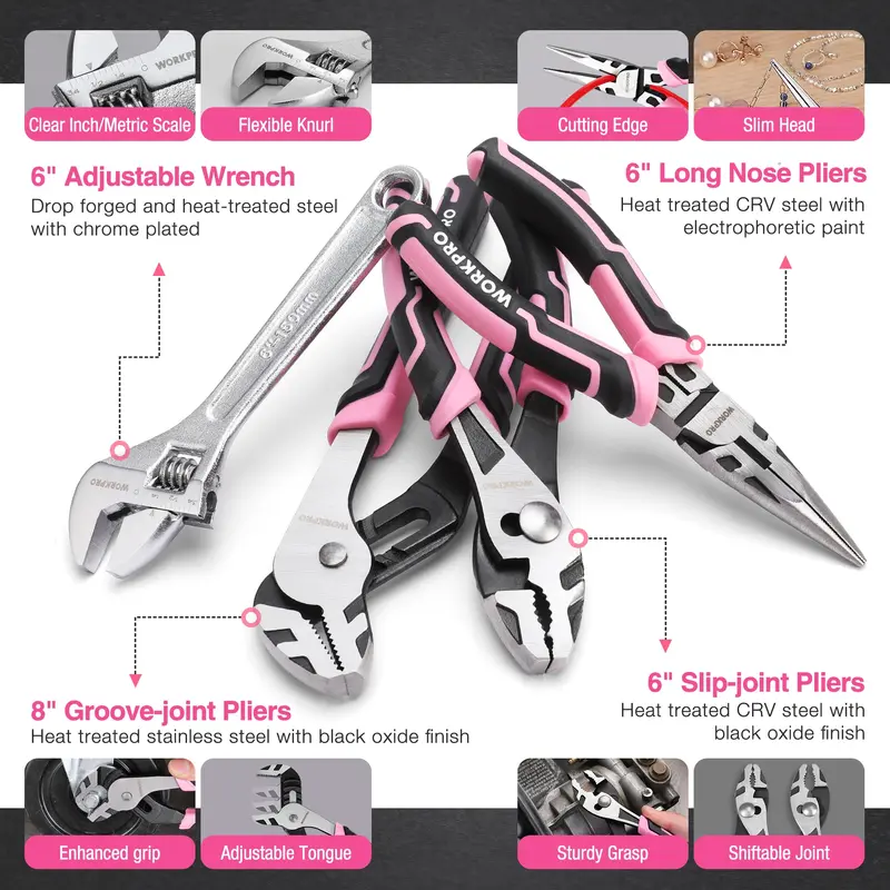 WORKPRO Akkuschrauber-Set mit 43 Teilen, 8 V, für zu Hause – stapelbare Werkzeugbox im Pink-Ribbon-Design