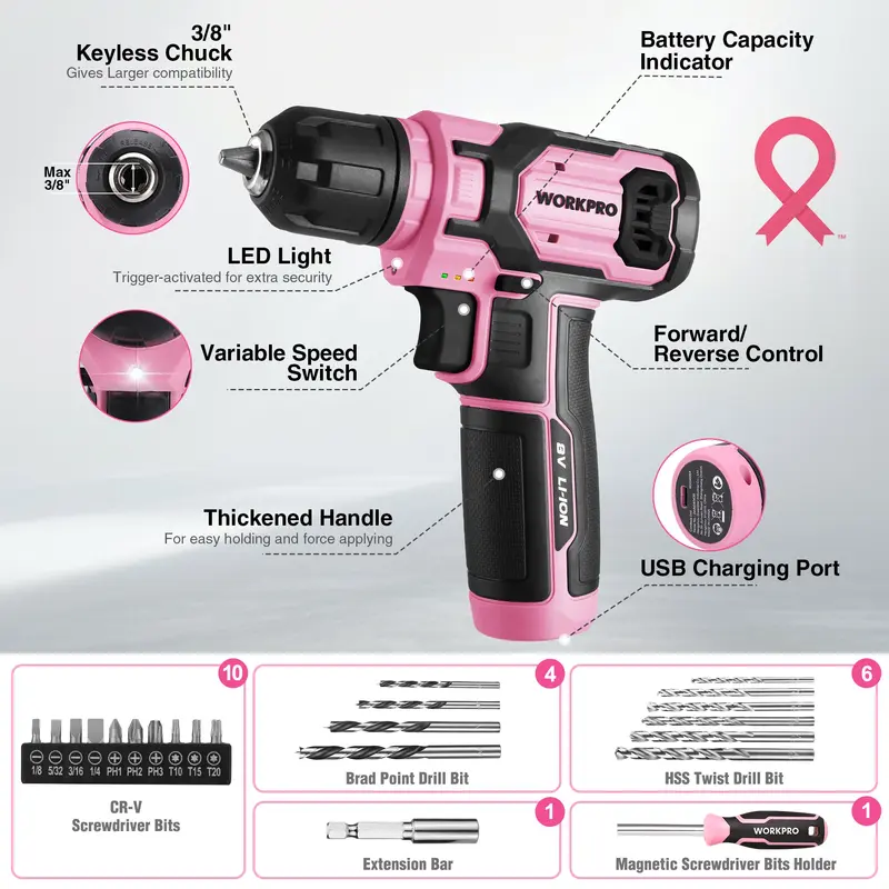 WORKPRO Akkuschrauber-Set mit 43 Teilen, 8 V, für zu Hause – stapelbare Werkzeugbox im Pink-Ribbon-Design
