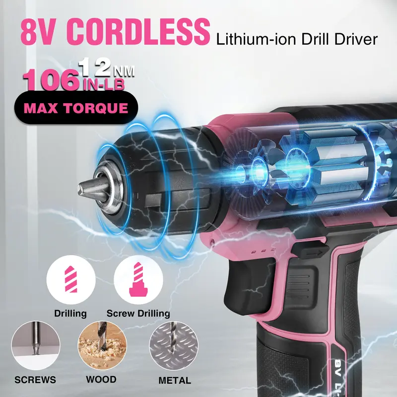 WORKPRO Akkuschrauber-Set mit 43 Teilen, 8 V, für zu Hause – stapelbare Werkzeugbox im Pink-Ribbon-Design