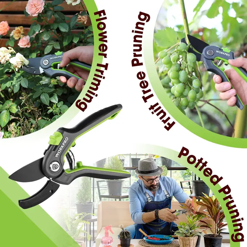 WORKPRO Amboss-Gartenschere, 20 cm (8 Zoll), professionelle Handgarten-Schere mit scharfen SK5-Stahl-Klingen, ideales Gartenwerkzeug zum Schneiden und Beschneiden, grün
