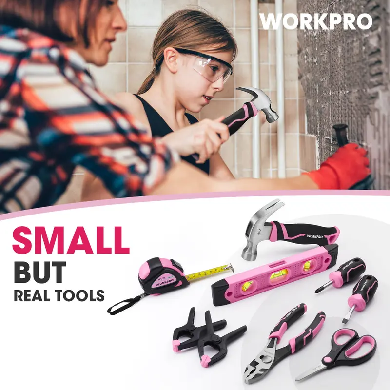 WORKPRO Anfängerset für Kinder mit 30,5 cm großem Stahlwerkzeugkoffer auf Rollen – Rosa Band