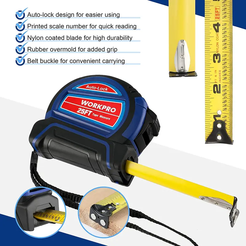 WORKPRO Automatisches Bandmaß, 25 Fuß, Bandmaß mit Bruchangaben alle 1/8" und Genauigkeit von 1/32", schnelle Ablesung 2