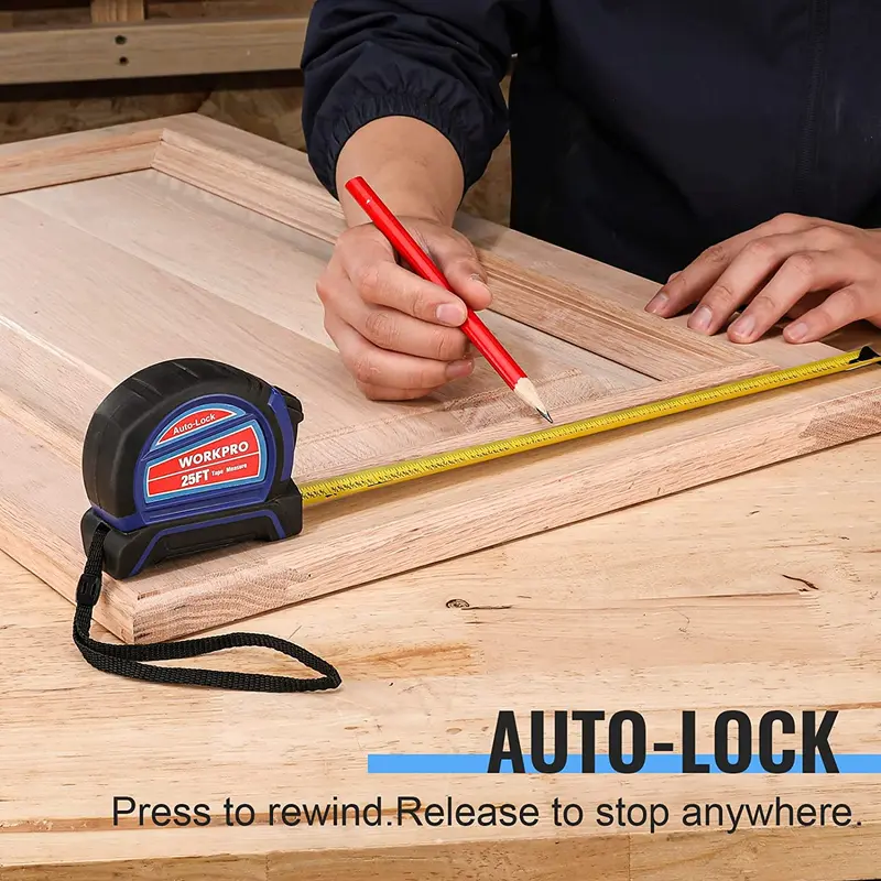 WORKPRO Automatisches Bandmaß, 25 Fuß, Bandmaß mit Bruchangaben alle 1/8" und Genauigkeit von 1/32", schnelle Ablesung