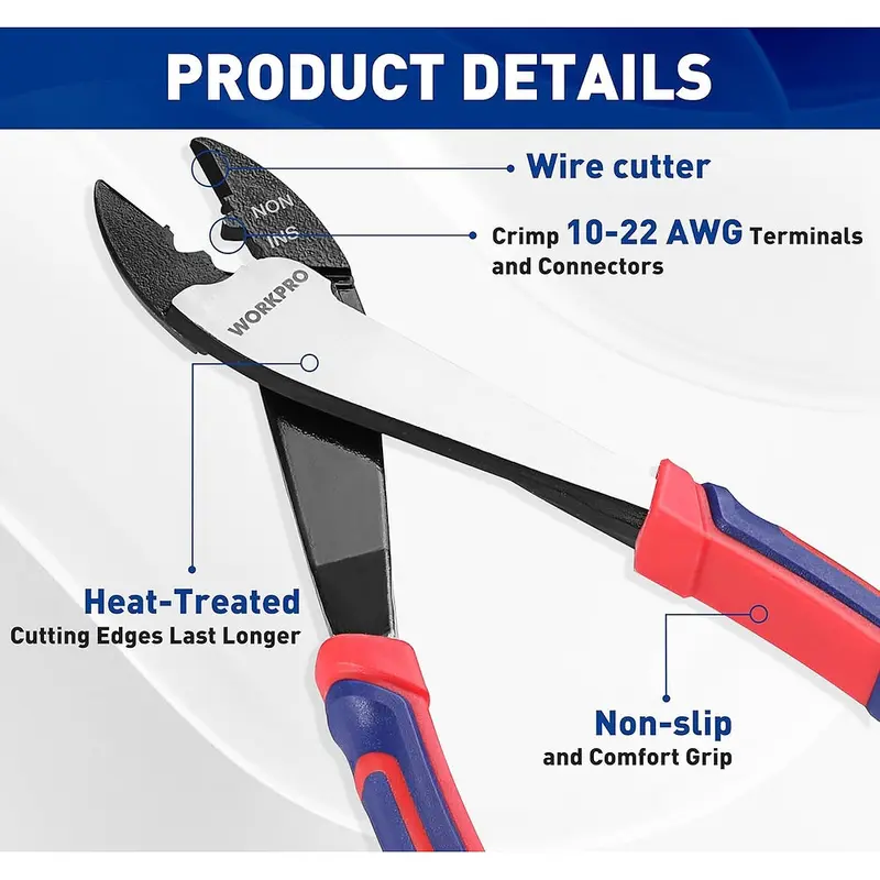 WORKPRO-Drahtschneider/Crimptool, 24 cm, für isolierte und nicht isolierte Anschlüsse und Klemmen (10–22 AWG)