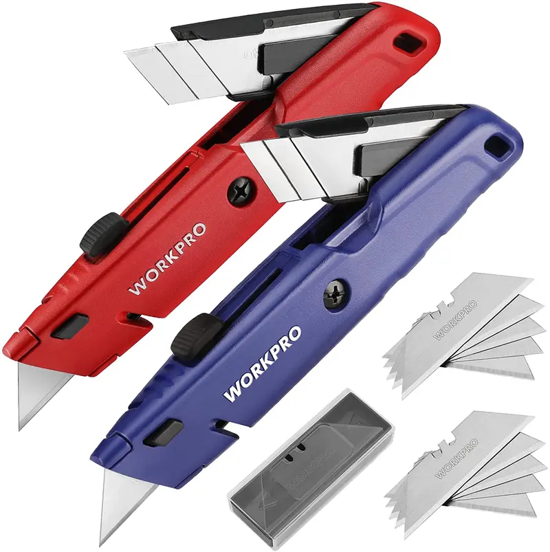 WORKPRO Einziehbare Kartonschneider mit zusätzlichem Klingenfach, schnellaustauschbarer Universalmesser mit Schnur-Schneidfunktion, robustes Aluminium-Rasiermesser mit 16 zusätzlichen SK5-Klingen – 2er-Pack