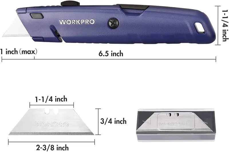 WORKPRO Einziehbare Kartonschneider mit zusätzlichem Klingenfach, schnellaustauschbarer Universalmesser mit Schnur-Schneidfunktion, robustes Aluminium-Rasiermesser mit 16 zusätzlichen SK5-Klingen – 2er-Pack