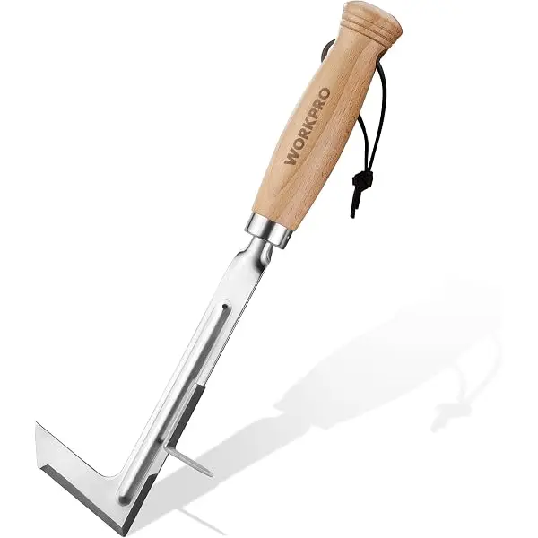 WORKPRO Fugen-Unkrautstecher, 30 cm Edelstahl-Fugenstecher mit Buchenholzgriff, L-förmiger Unkrautentferner für Gehwege, für Garten, Rasen, Hof, Terrasse, Pflasterfugen und Moos – kleines Gartenwerkzeug