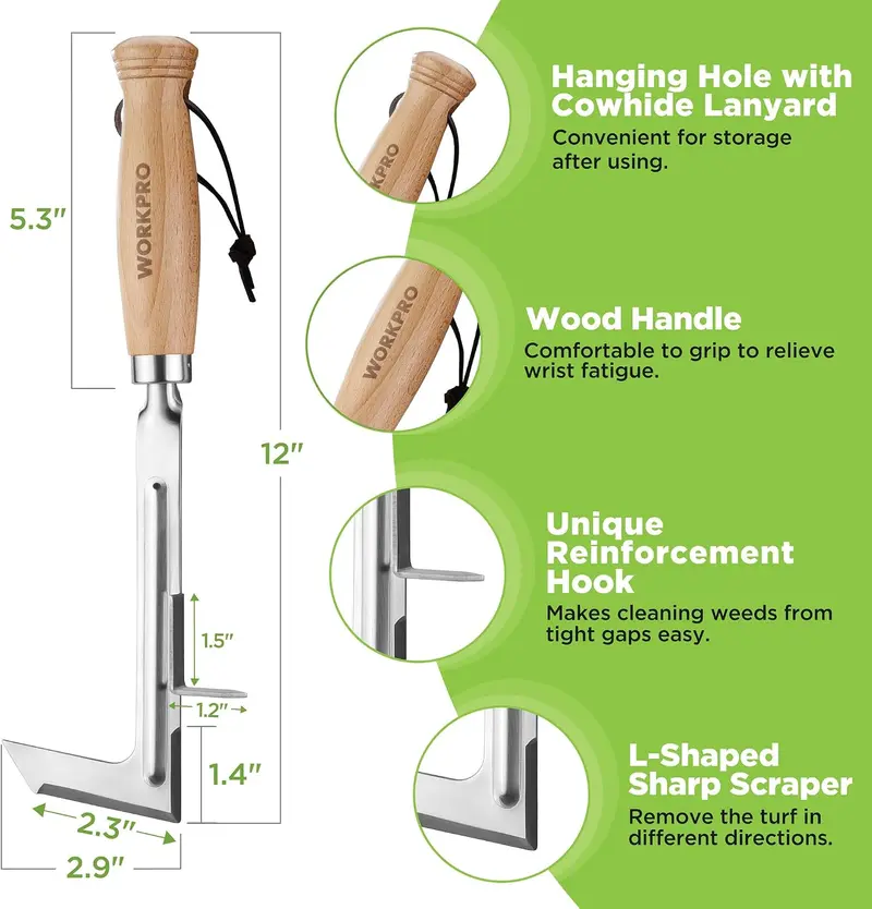 WORKPRO Fugen-Unkrautstecher, 30 cm Edelstahl-Fugenstecher mit Buchenholzgriff, L-förmiger Unkrautentferner für Gehwege, für Garten, Rasen, Hof, Terrasse, Pflasterfugen und Moos – kleines Gartenwerkzeug 2