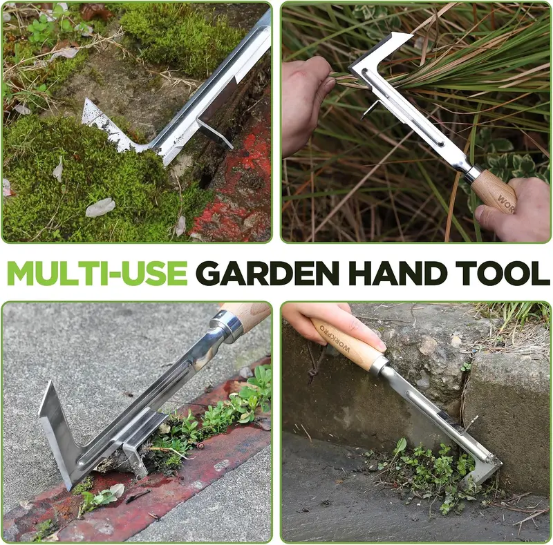 WORKPRO Fugen-Unkrautstecher, 30 cm Edelstahl-Fugenstecher mit Buchenholzgriff, L-förmiger Unkrautentferner für Gehwege, für Garten, Rasen, Hof, Terrasse, Pflasterfugen und Moos – kleines Gartenwerkzeug