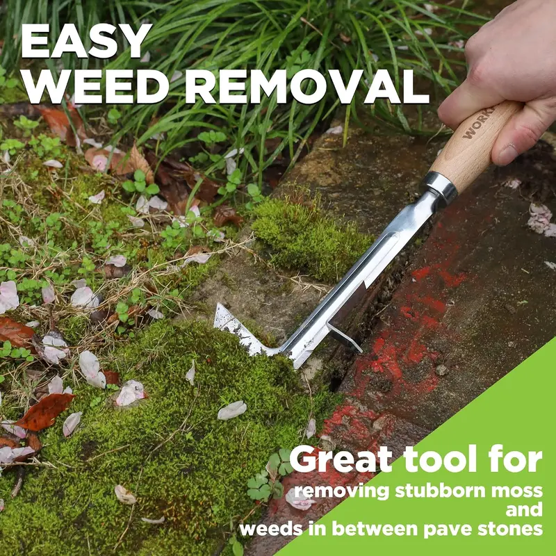 WORKPRO Fugen-Unkrautstecher, 30 cm Edelstahl-Fugenstecher mit Buchenholzgriff, L-förmiger Unkrautentferner für Gehwege, für Garten, Rasen, Hof, Terrasse, Pflasterfugen und Moos – kleines Gartenwerkzeug