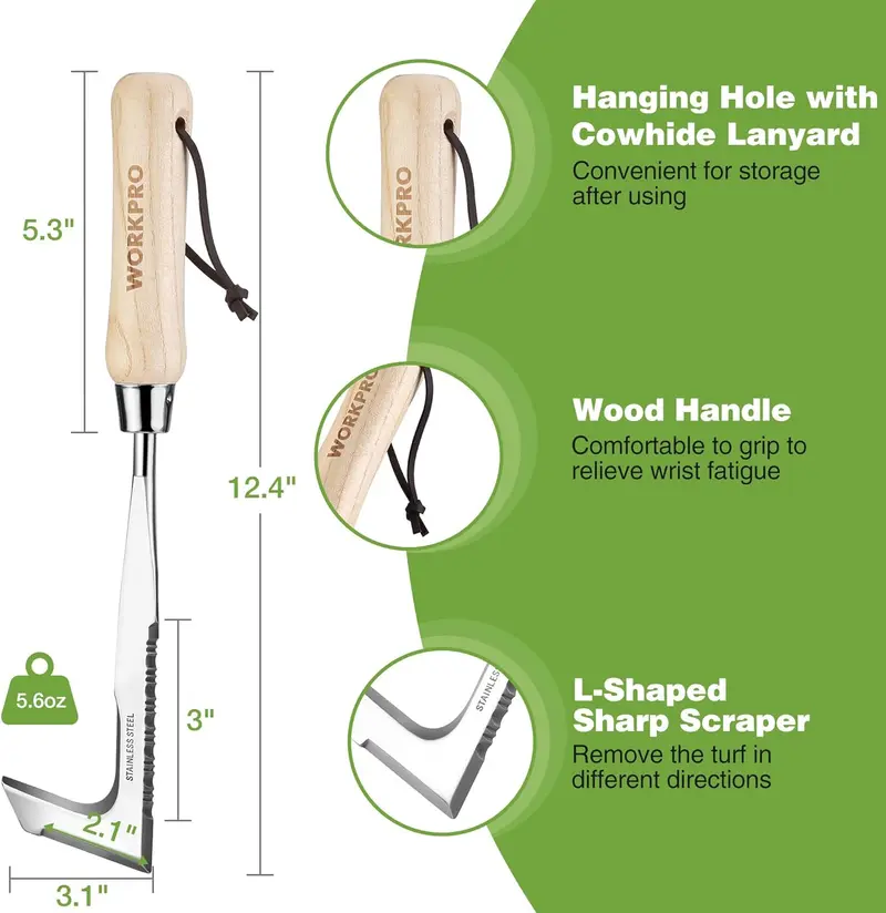 WORKPRO Fugen-Unkrautstecher, 30 cm Edelstahl-Fugenstecher mit Eschenholzgriff, L-förmiger Unkrautstecher für Gehwege, Spachtel zum Entfernen von Unkraut, geeignet für Garten, Rasen, Hof, Terrasse, Pflasterung und Moosbekämpfung