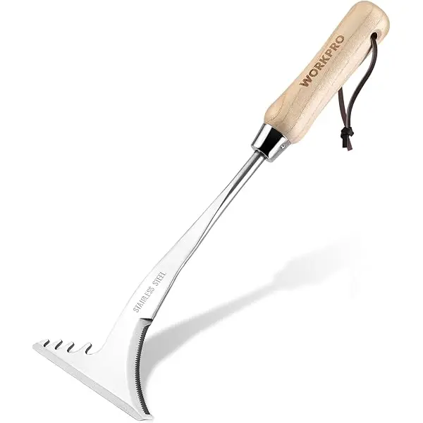 WORKPRO Fugen-Unkrautstecher, 34,3 cm Edelstahl-Kreuzschlitz-Unkrautstecher mit Holzgriff, L-förmiger Gehweg-Unkrautentferner und Spatel für Garten, Rasen, Hof, Terrasse, Pflaster – Gartenwerkzeug