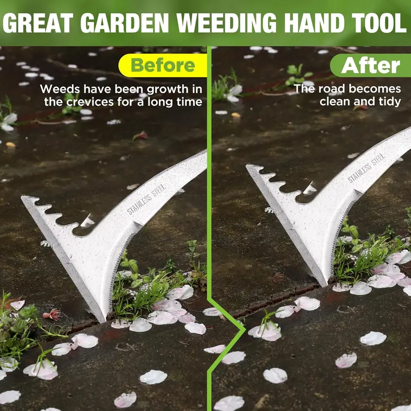 WORKPRO Fugen-Unkrautstecher, 34,3 cm Edelstahl-Kreuzschlitz-Unkrautstecher mit Holzgriff, L-förmiger Gehweg-Unkrautentferner und Spatel für Garten, Rasen, Hof, Terrasse, Pflaster – Gartenwerkzeug