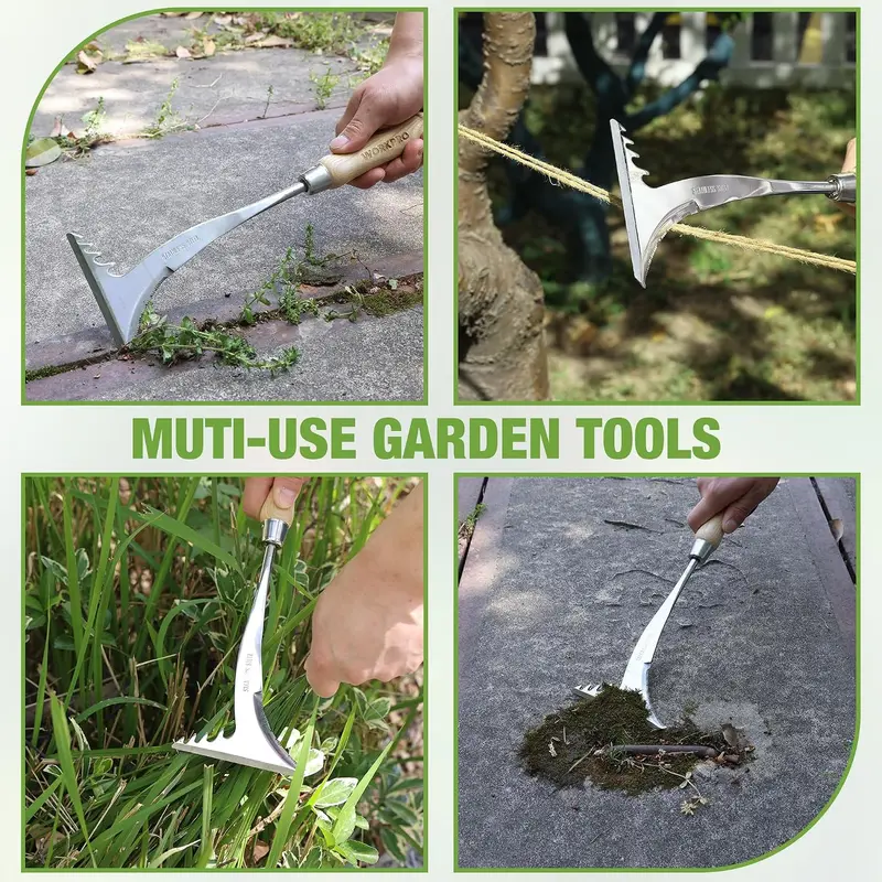 WORKPRO Fugen-Unkrautstecher, 34,3 cm Edelstahl-Kreuzschlitz-Unkrautstecher mit Holzgriff, L-förmiger Gehweg-Unkrautentferner und Spatel für Garten, Rasen, Hof, Terrasse, Pflaster – Gartenwerkzeug