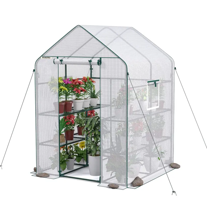 WORKPRO Gewächshaus für den Außenbereich, 142 cm L x 142 cm B x 196 cm H, großes 3-stufiges Modell mit 8 Regalen, begehbar