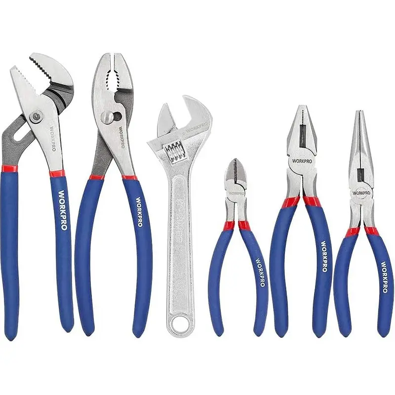 WORKPRO Große Zangen- und Schraubenschlüssel-Sets mit 6 Teilen (10" Wasserpumpenzange, 10" Gelenkzange, 8" Spitzzange, 8" Elektrikerzange, 6" Seitenschneider, 8" Verstellbarer Schraubenschlüssel) für Heimwerker und den Hausgebrauch, Modell W001329A
