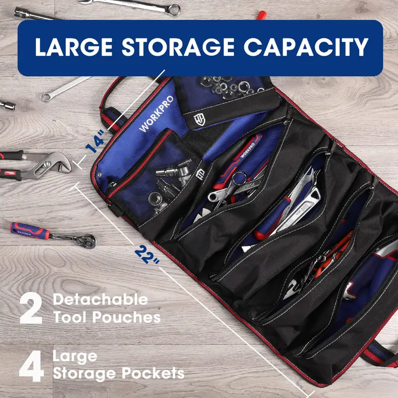WORKPRO Heavy-Duty-Werkzeugrolltasche mit 6 Fächern und abnehmbaren Werkzeugtaschen