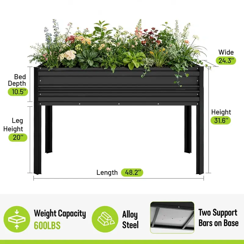 WORKPRO Hochbeet für den Außenbereich, verzinkt, 122 x 61 x 81 cm, mit Beinen – erhöhte Pflanzbox mit 272 kg Tragkraft für Gemüse, Blumen und Kräuter, schwarz 2