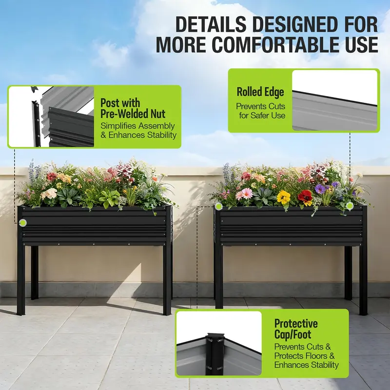 WORKPRO Hochbeet für den Außenbereich, verzinkt, 122 x 61 x 81 cm, mit Beinen – erhöhte Pflanzbox mit 272 kg Tragkraft für Gemüse, Blumen und Kräuter, schwarz