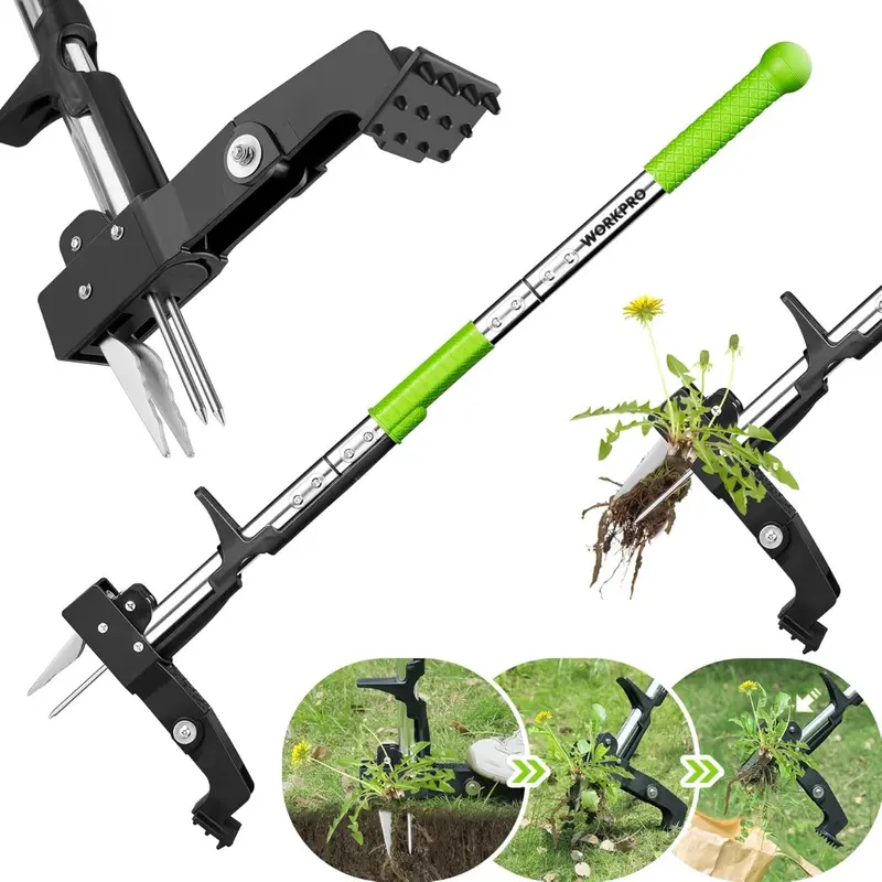 WORKPRO Hochleistungs-Wurzelentferner, Stehender Unkrautentferner für den Garten mit ergonomischem 100 cm langem Griff, Stahlkopf mit 4 Zinken und klappbarem Fußpedal