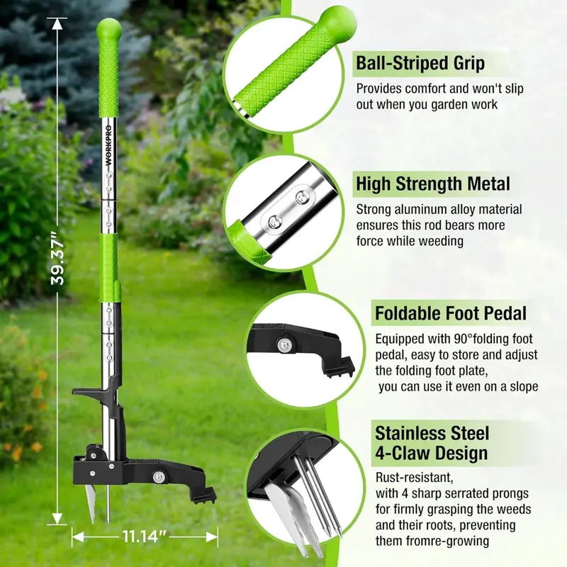 WORKPRO Hochleistungs-Wurzelentferner, Stehender Unkrautentferner für den Garten mit ergonomischem 100 cm langem Griff, Stahlkopf mit 4 Zinken und klappbarem Fußpedal 2