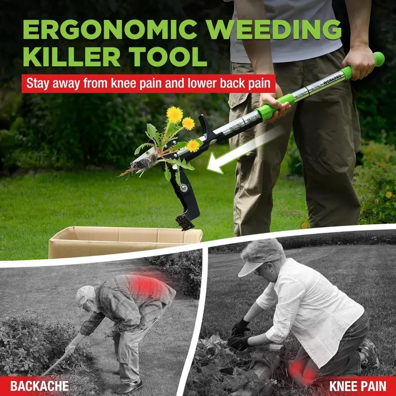WORKPRO Hochleistungs-Wurzelentferner, Stehender Unkrautentferner für den Garten mit ergonomischem 100 cm langem Griff, Stahlkopf mit 4 Zinken und klappbarem Fußpedal